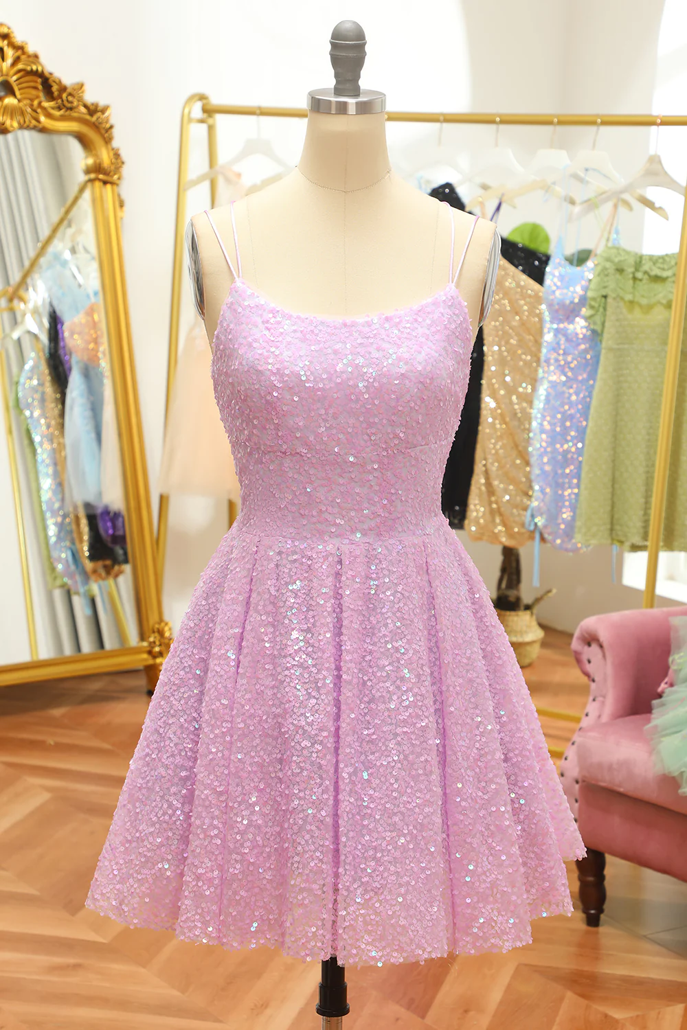 Lilac Sequins A-Line Lace-Up Homecoming Dress Y2994