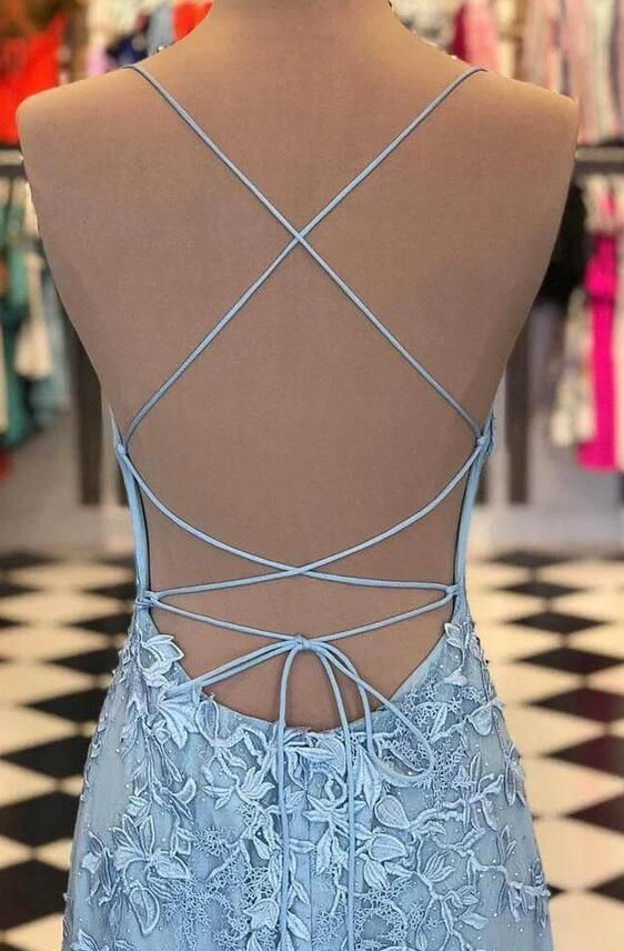 Mermaid Spaghetti Strap Floor Length Tulle Backless Applique Prom Dress Y6752