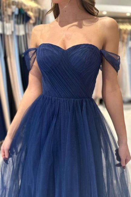 Elegant Long Navy Blue Off-the-shoulder A-line Sleeveless Prom Dress Y6767