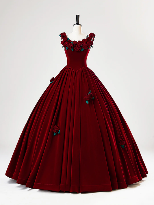 Beautiful Burgundy Velvet Quinceanera Dress Birthday Ball Gown With Rose Flowers Y7750