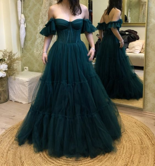 Green Off The Shoulder Tulle Prom Dress Y6809