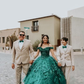 Off the shoulder emerald green ball gown with floral decor Y4153