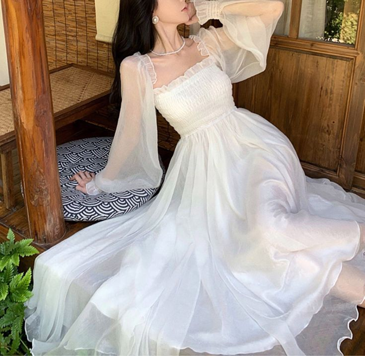 White Tulle Dress,Long Sleeve Fairy Dress,Fairy Prom Dress Y6730