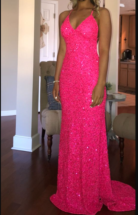 V-neck Spaghetti Straps Hot Pink Sequins Mermaid Long Evening Prom Dresses Y5437