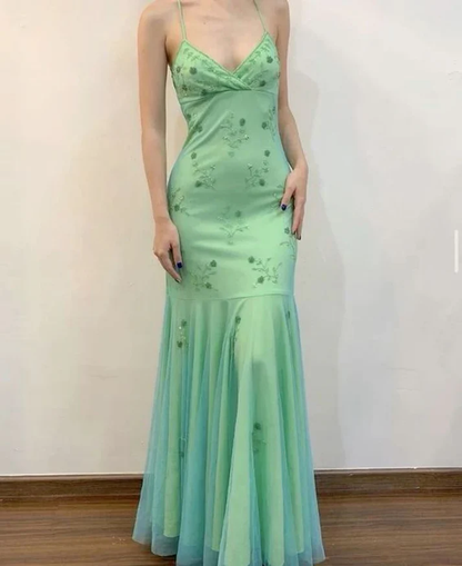 Vintage Mint Green Mermaid Beaded Long Prom Dress Evening Dress Y7747