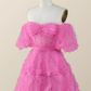 Off the Shoulder Hot Pink Ruffles Short A-line Homecoming Dress Y2783