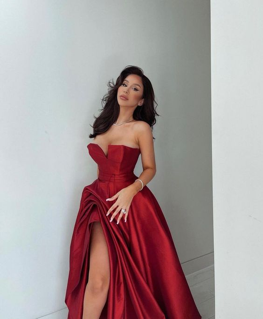 Burgundy Satin A-line Prom Dress,Burgundy Party Gown Y6665