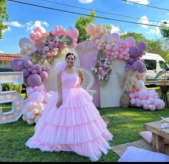 Pink A-line Tiered Tulle Ball Gown,Pink Sweet 16 Dress Y6957