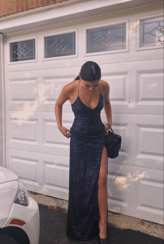 Navy Blue Sequins Spaghetti Straps V-neck Long Evening Prom Dresses Y4477