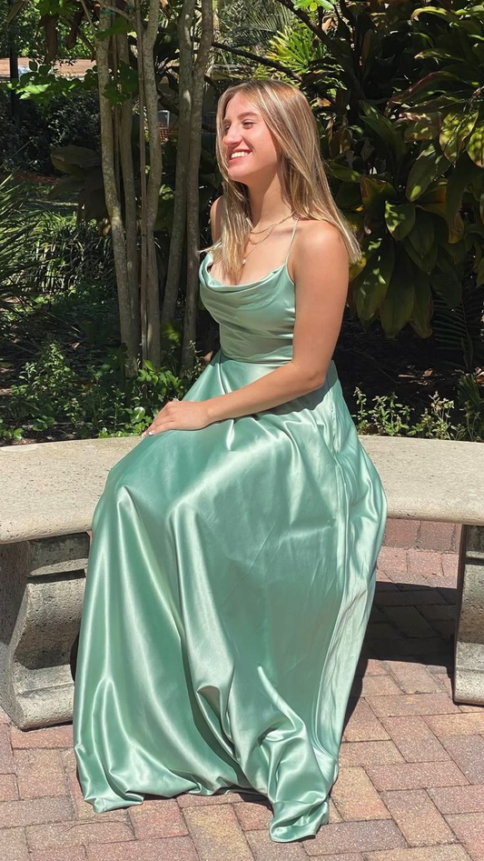 Classic Sage Green A-line Satin Long Prom Dress,Winter Dance Dress Y4994