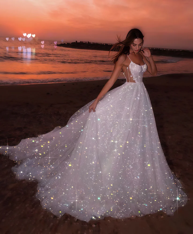 Glitter White Sequin Tulle Prom Evening Dress, A-line Sleeveless Beach Long Wedding Gown Y8011