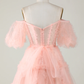 Blush Tulle Off The Shoulder Short Homecoming Dress Y2616