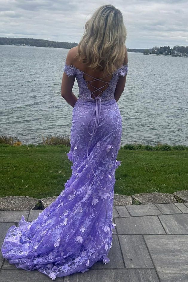 Gorgeous Off-Shoulder V-Neck Lace Appliques Mermaid Prom Dress,Slit Birthday Evening Gown Y7934