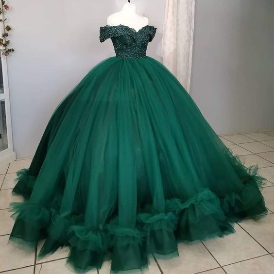 Off The Shoulder Green Ball Gown,Green Sweet 16 Dress Y7145