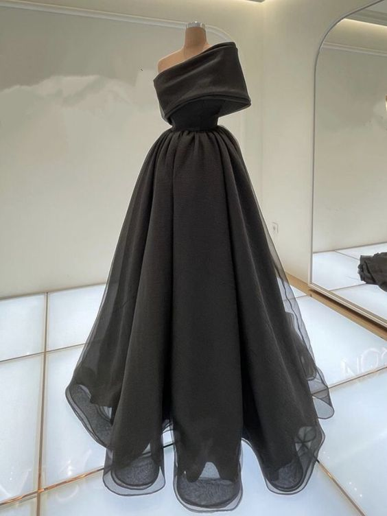 Elegant Black Organza Prom Dresses One Shoulder Y2933