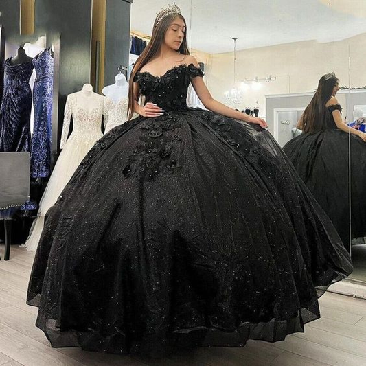 Princess Glitter Black Beaded Quinceanera Dresses Sweet 15 16 Party Ball Gowns Y5745