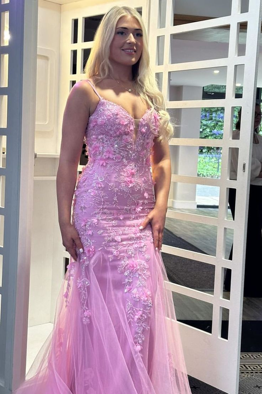 Beautiful Pink Spaghetti Straps Tulle Lace Appliques Mermaid Evening Dress Long Prom Dress Y7851