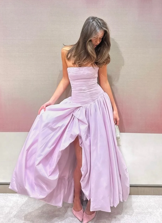 Pink Strapless Pleated Slit Evening Dress Long Satin Prom Dress Y7978