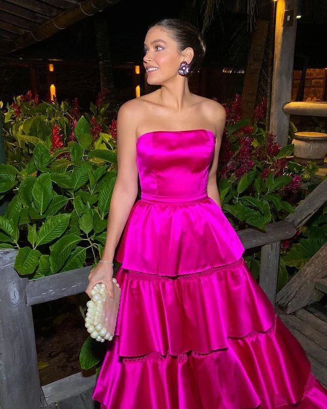 Beautiful Strapless Satin Tiered Party Prom Dress Hot Pink Satin A Line Evening Gown Y8003