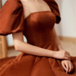 Coffee satin prom dress long Short puffy sleeve ball gown Square neck Fairy formal dress  Y4962