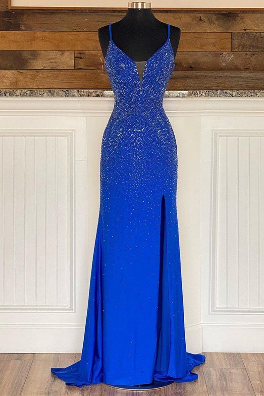 Royal Blue Beaded V-Neck Mermaid Long Prom Dress Y7384