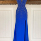 Royal Blue Beaded V-Neck Mermaid Long Prom Dress Y7384