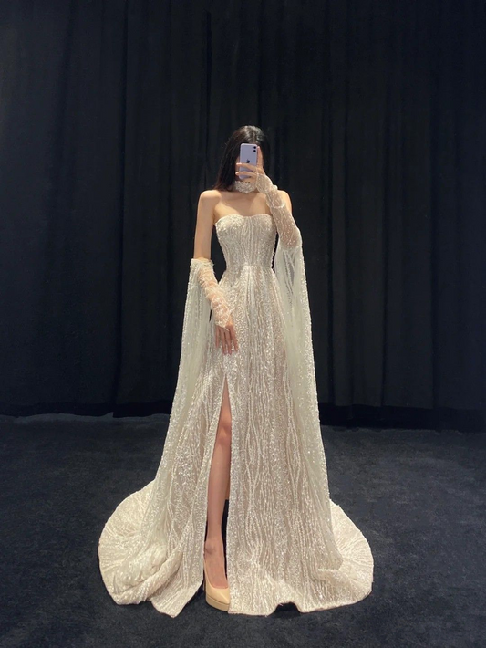 Luxurious Strapless Wedding Dress with Split,Stunning Bridal Dress Y4428