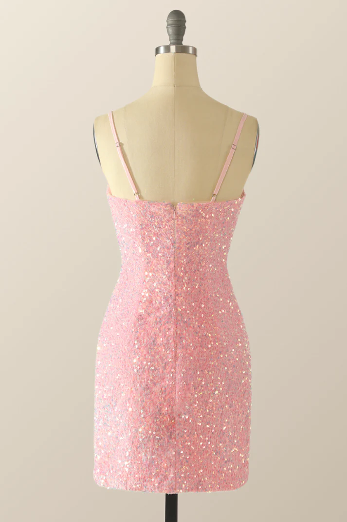 Cute Pink Sequins Homecoming Dress,Pink Backless Party Dress  Y2041