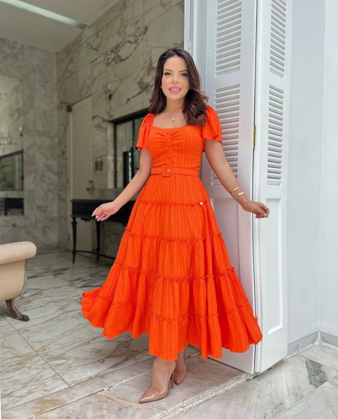 New Style A-line Orange Prom Dress With Short Sleeves Y5453