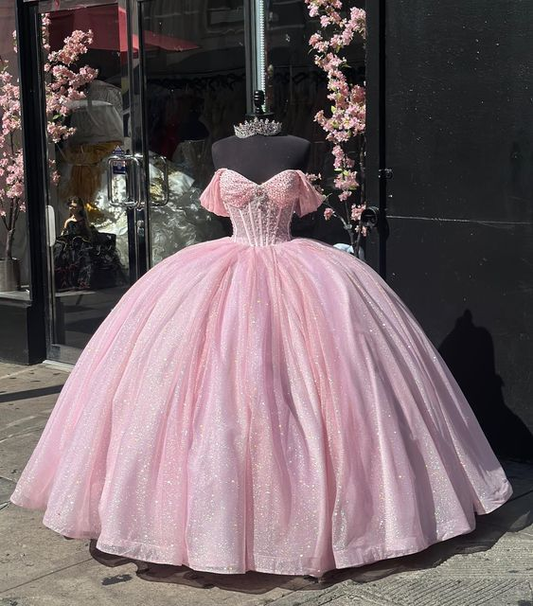 Glitter Off The Shoulder Pink Ball Gown,Pink Sweet 16 Dress,Pink Princess Dress  Y7002