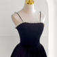Black Velvet Pearls Elegant Dress, Spaghetti Straps Lace-up Dress, Prom Dress,Y2503