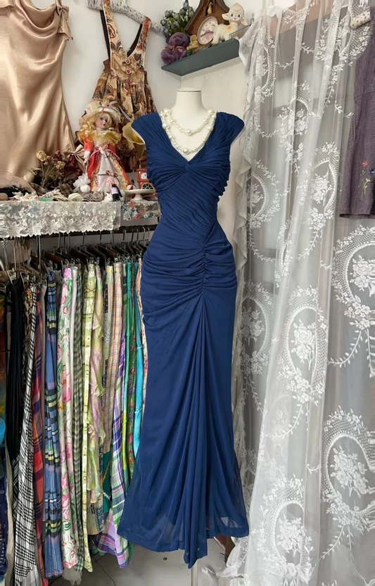 Vintage Navy Blue Chiffon Ruched Evening Gown ,Mermaid Party Prom Dress Y8076