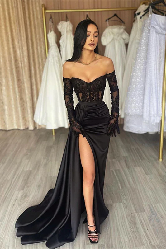 Elegant Long Black Off-the-shoulder Lace Mermaid Long Sleeves Prom Dress With Slit Y4328