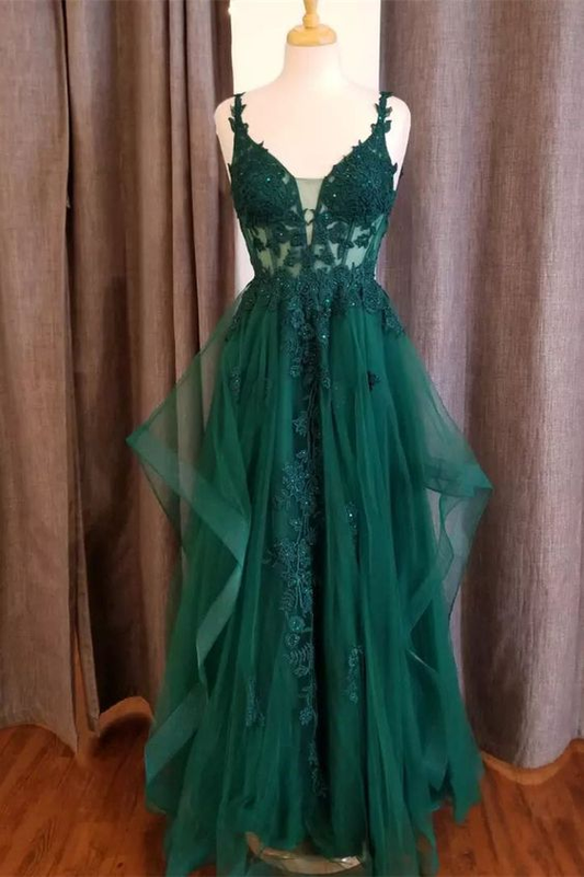 Hunter Green Flower Straps Deep V Neck Appliques Ruffles Long Prom Dress Y6810