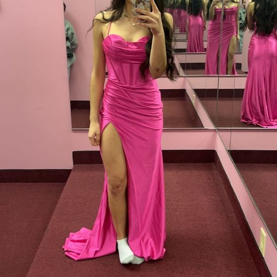 Hot pink spaghetti strap and corset prom dress Y4502