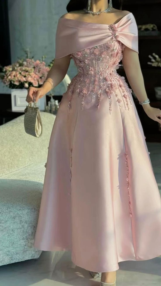 Elegant Off The Shoulder Satin Beaded Appliques Prom Dress,Formal A Line Evening Dress Y8160