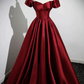 A Line Burgundy Satin Floor Length Prom Dress, Off the Shoulder New Prom Gown Y6076