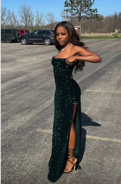Women's Glitter Green Sequins Long Prom Dress With High Slit Y4945
