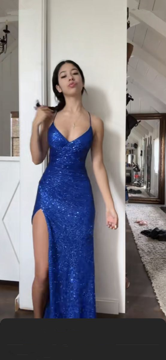 Elegant Blue V Neck Sequins Prom Dress With Split  Y7316