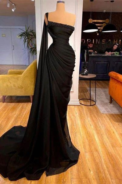 Gorgeous Black One Shoulder Mermaid Prom Dress With Beading Y7834