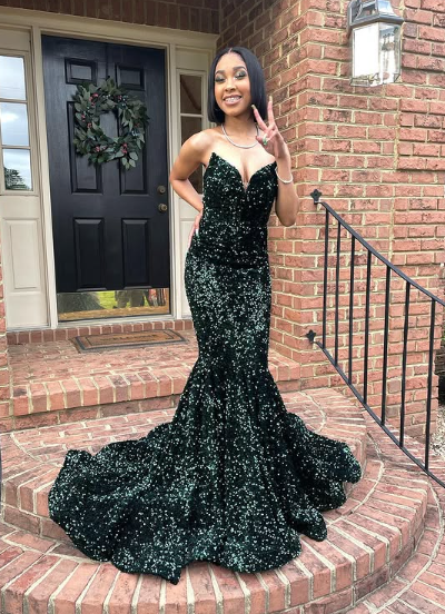 Sexy Mermaid Glitter Prom Dress Long Evening Gowns Dark Green Women Formal Dresses Y4329