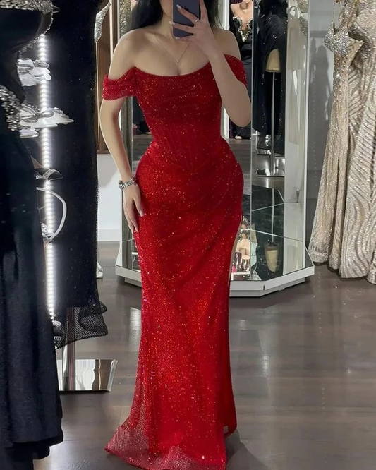 Shiny Off Shoulder Sequins Red Prom Dress Evening Dress With Side Slit  Y7805