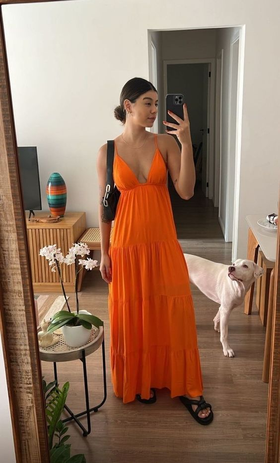 Sexy Orange A-line V Neck Long Prom Dress Y6936