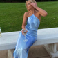 Women's Halter Neckline Blue Prom Dress,Wedding Guest Dress  Y3024