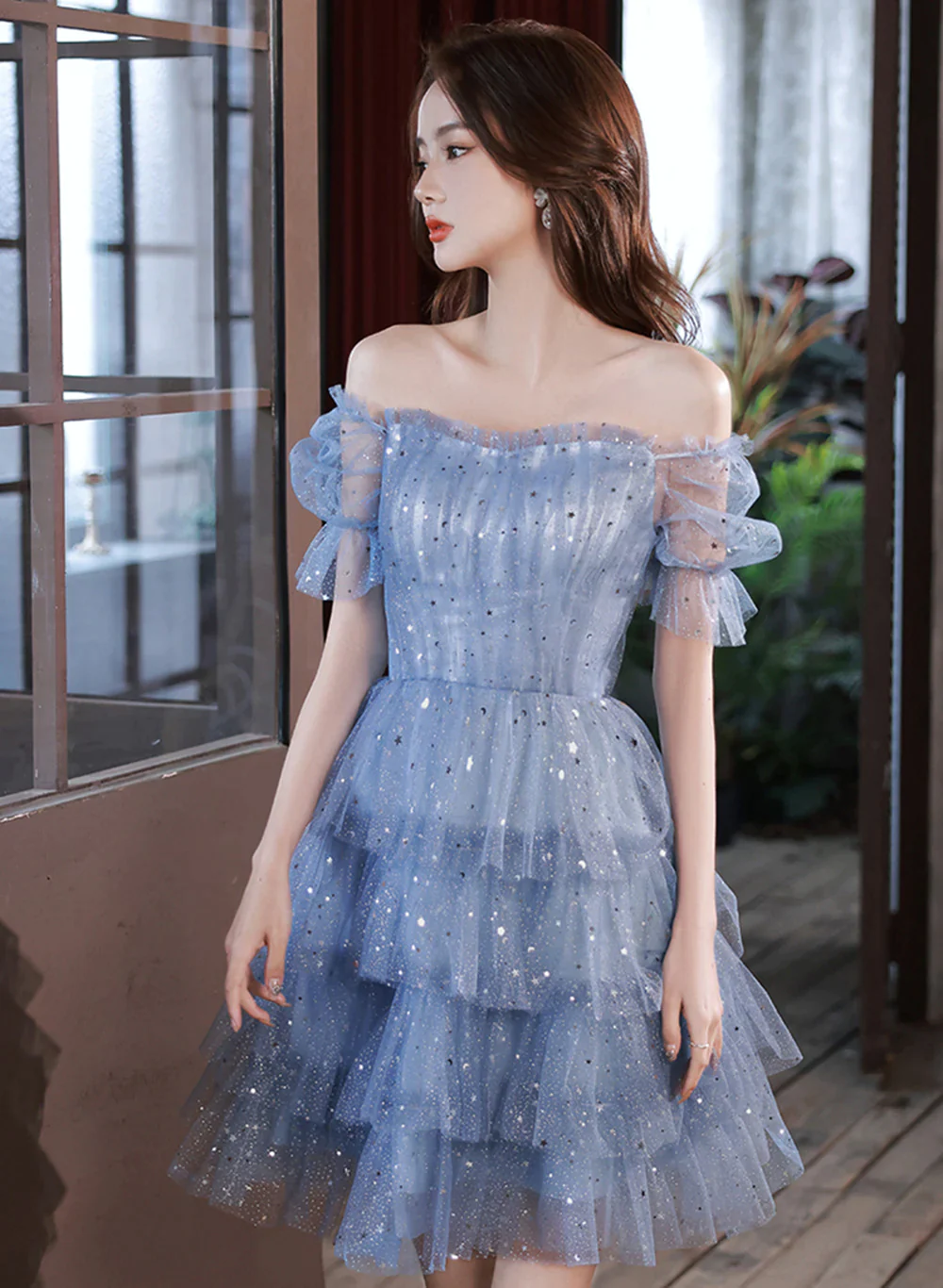 Blue Short Layers Tulle Formal Dress, Blue Off Shoulder Homecoming Dress Party Dress  Y1975