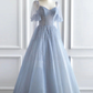 V Neck Tulle Sequin Blue Long Prom Dress, Blue Formal Graduation Dress Y4453