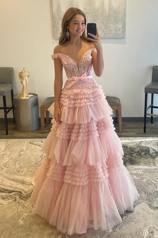 Pink Tulle Lace Off-the-Shoulder Ruffles Tiered Long Prom Dress Y2313