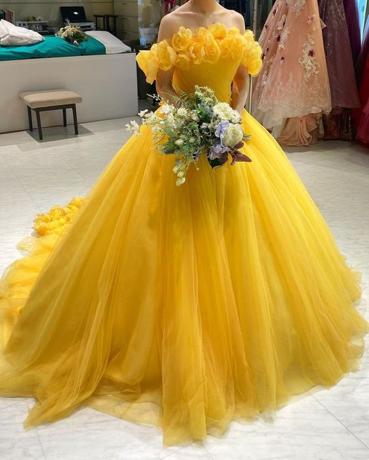 Off The Shoulder Yellow Tulle Ball Gown,Yellow Princess Dress Y4627
