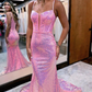 Mermaid/Trumpet Prom Dresses Sparkle & Shine Dress Formal Court Train Sleeveless Spaghetti Strap Sequined V Back with Sequin Y6086