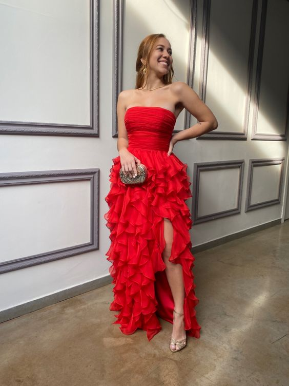 Red Strapless Long Prom Dress with Ruffles,Red Evening Dress  Y2367